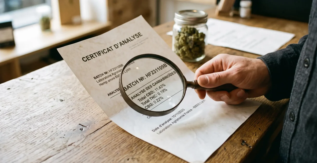 Gros plan sur un certificat d'analyse de lot de CBD tenu à la loupe par une main sur un comptoir en bois.