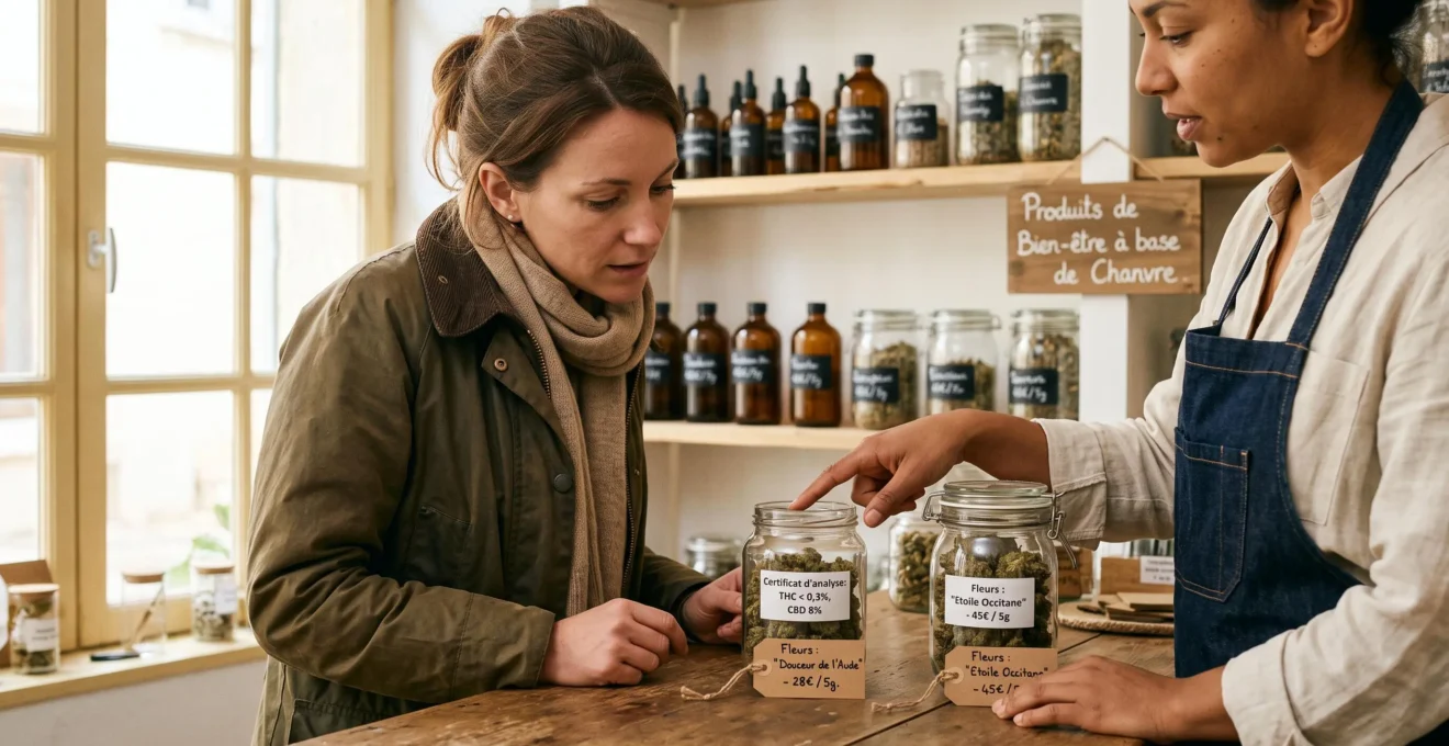 Un client compare deux bocaux de fleurs de CBD à prix différents sur un comptoir en bois d'une boutique française.