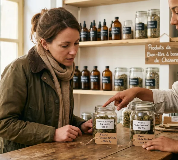 Un client compare deux bocaux de fleurs de CBD à prix différents sur un comptoir en bois d'une boutique française.