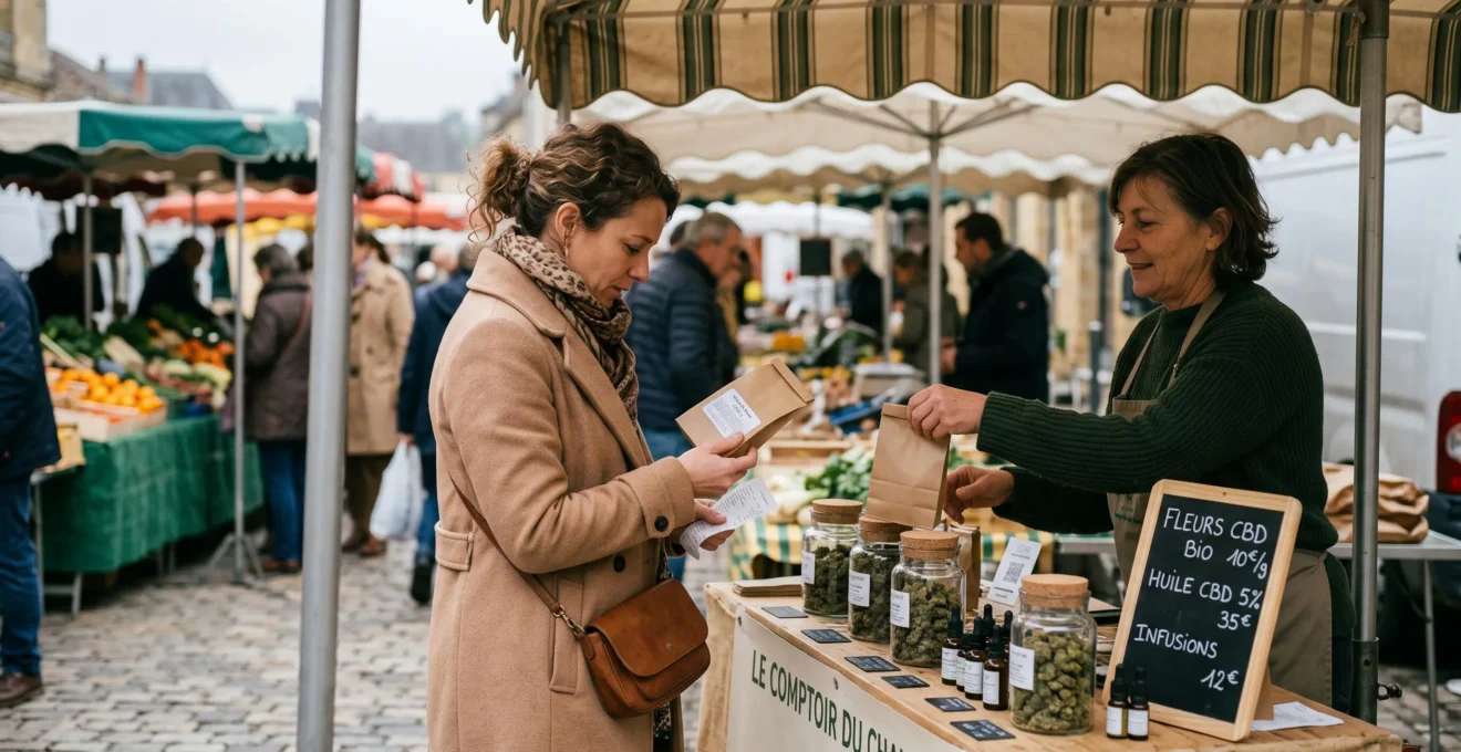 Une cliente vérifie l'étiquette d'un sachet de CBD acheté sur un stand de marché français.